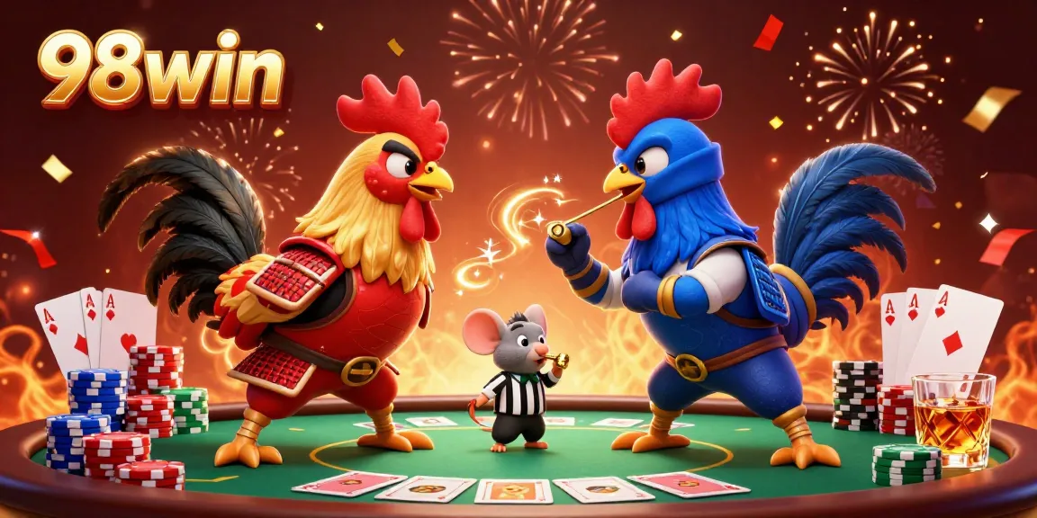 Experience thrilling gaming action with 98win's vibrant casino showdown featuring classic poker elements.