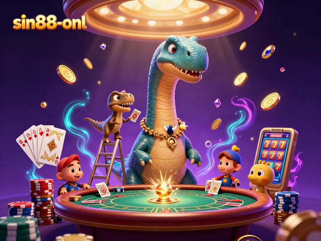 Experience the vibrant world of sin88-onl with a playful dinosaur at a dynamic casino table.