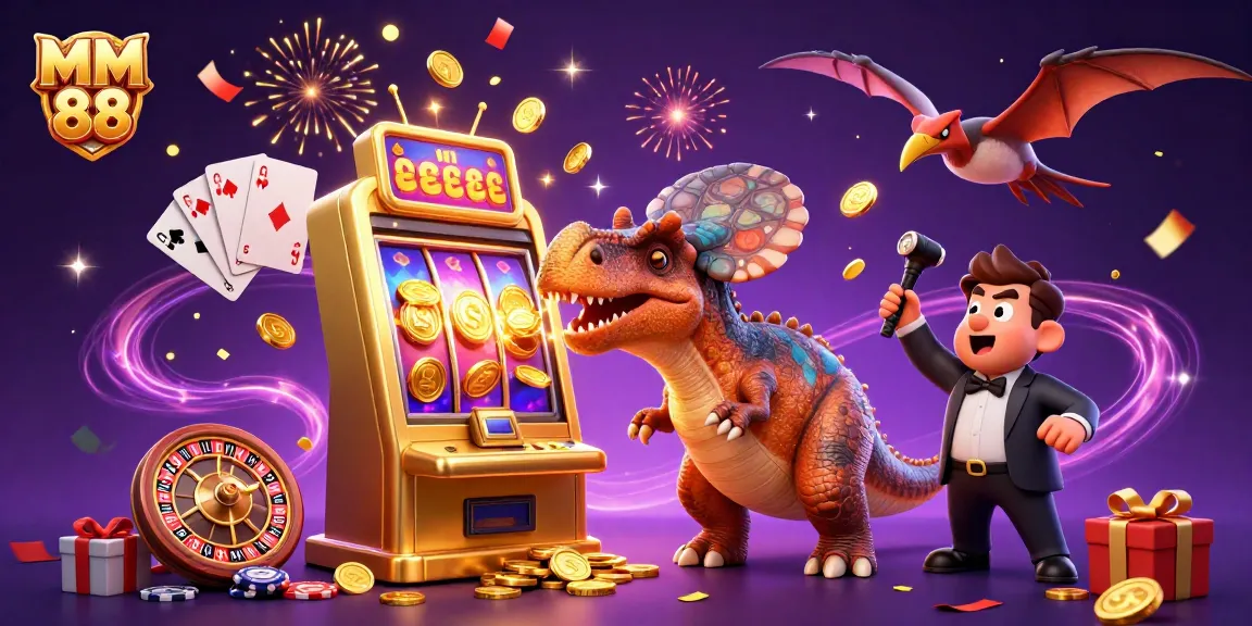 Catch the excitement at MM 88 with a pachycephalosaurus hitting a slot machine and coins flying!