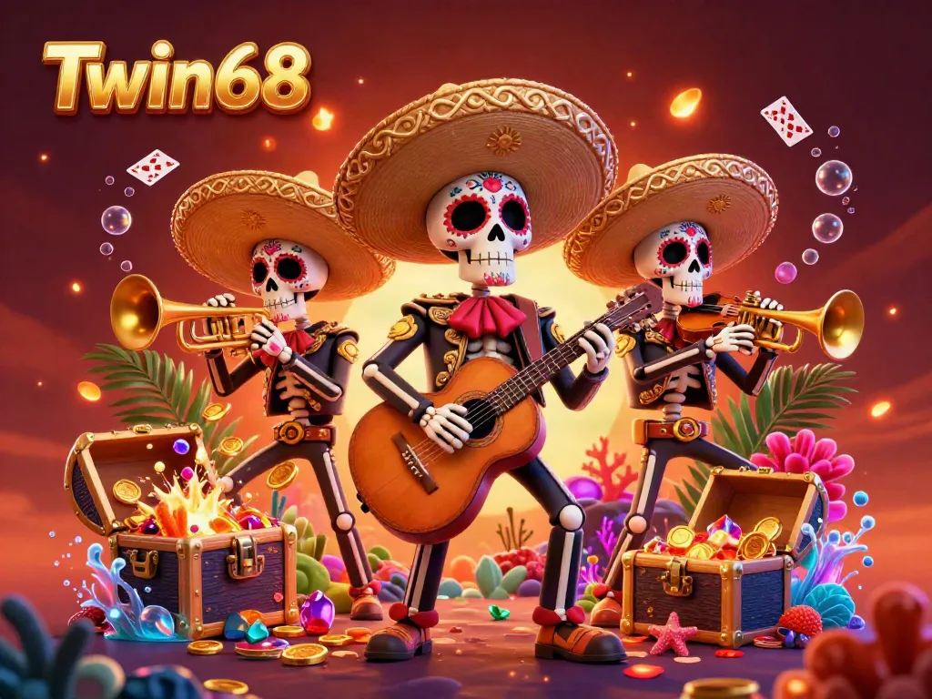 Twin68 offers vibrant gameplay with a mariachi band surrounded by treasures and casino elements.