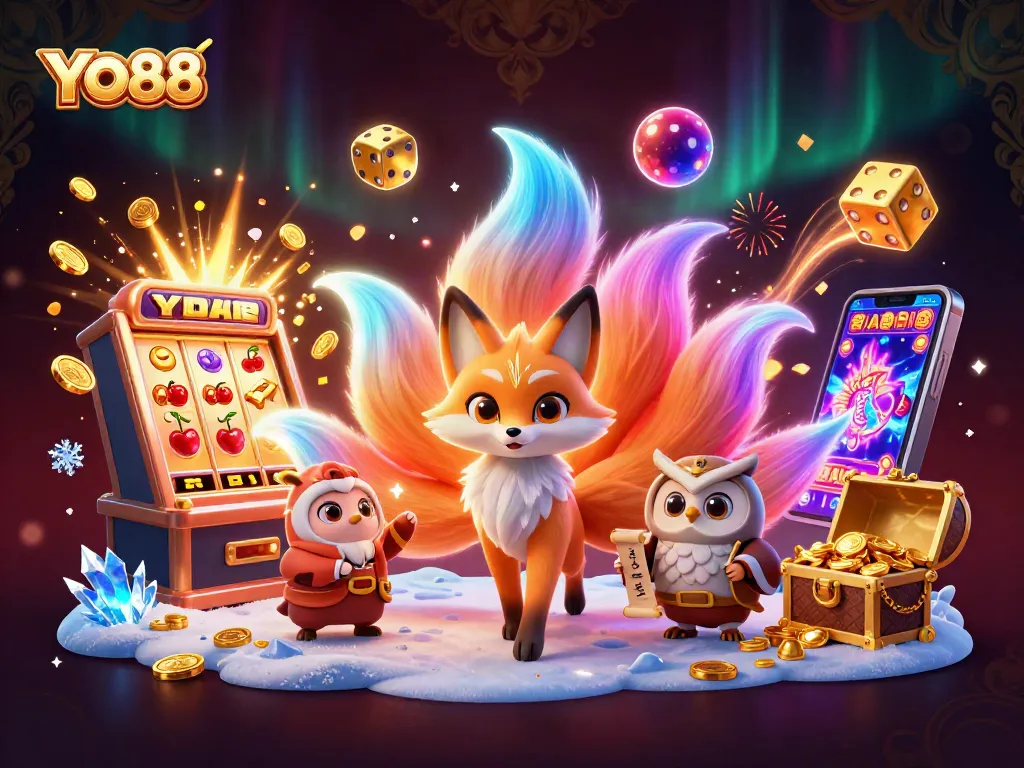 Engage with YO88's vibrant gaming experience featuring a fox spirit, wise owl, and casino games.