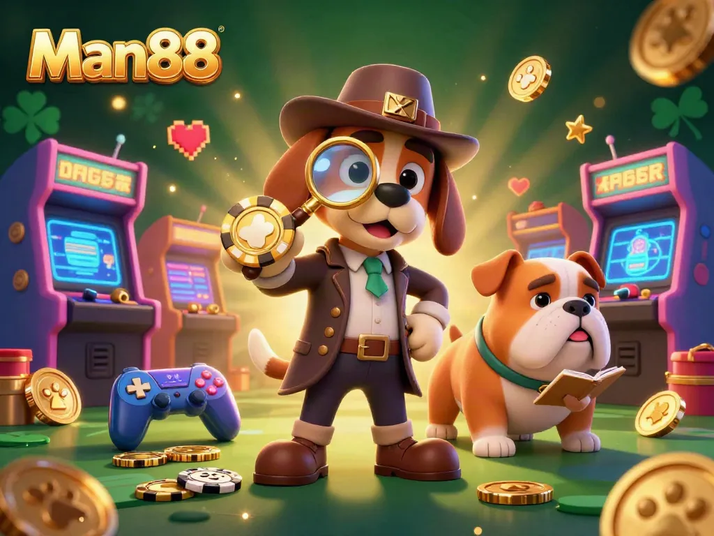 Man88 enhances your betting strategy with a cartoon detective duo examining a golden poker chip clue.
