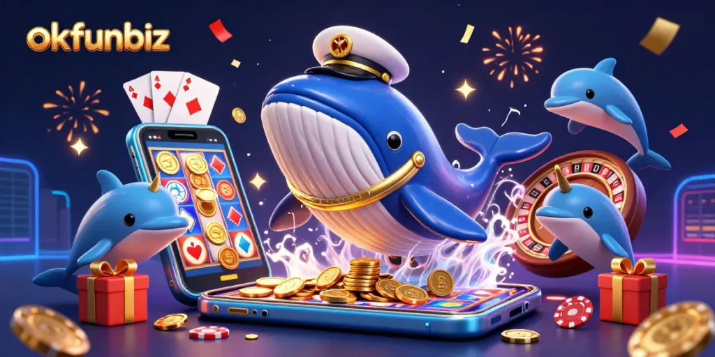 Play playful dolphins and a whale symbolizing okfunbiz's casino gaming excitement with vibrant 3D design.