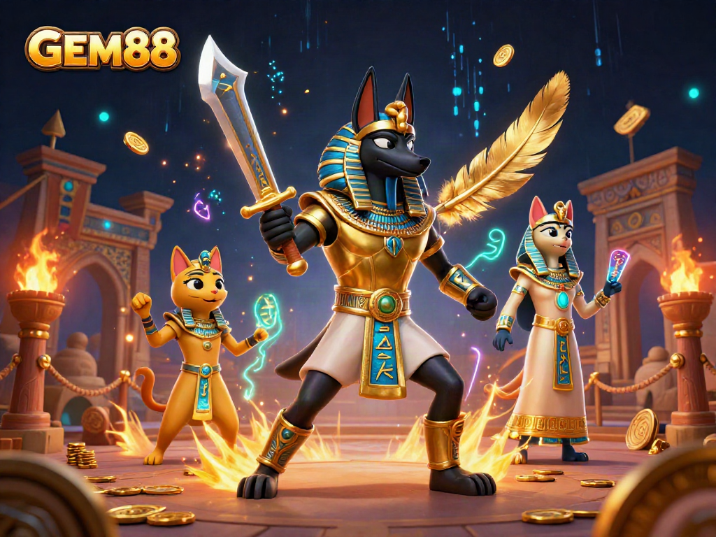 GEM88 showcases a vibrant 3D scene with Anubis and Bastet amid casino elements, sparking excitement.