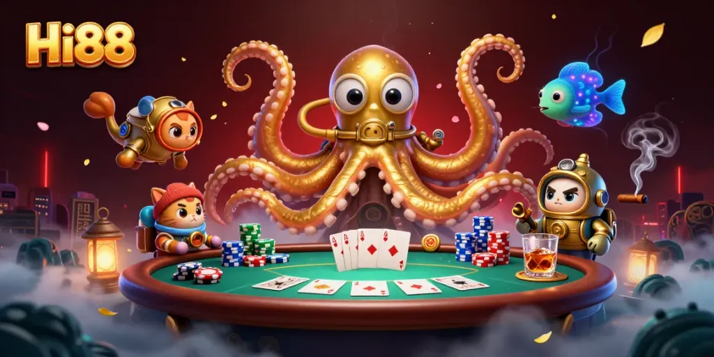 Hi88 casino features a kraken and diving cat amidst vibrant poker elements, immersing players in excitement.
