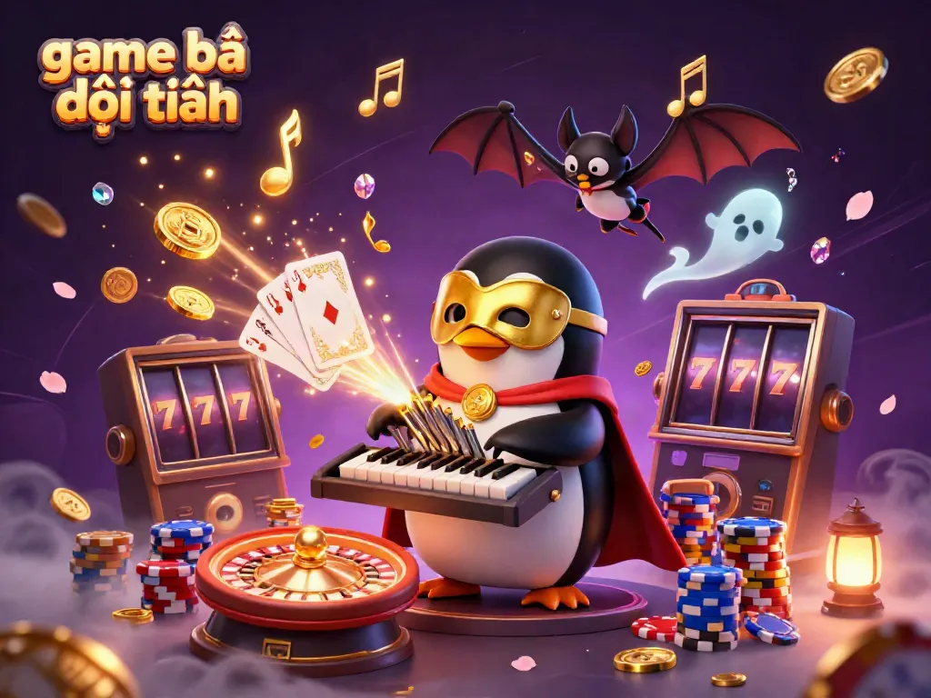 Engage with game bài đổi thưởng in a vibrant 3D scene featuring a penguin organist and casino elements.