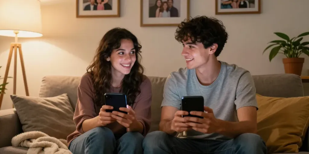 Couple enjoying a free AI sex chat on their smartphone in a cozy living room.