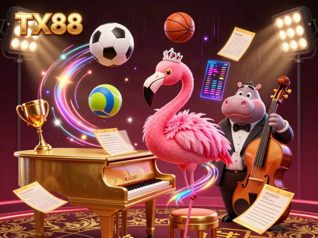 Engage with TX88's vibrant casino atmosphere featuring stylish flamingo singer and hippo bassist surrounded by dynamic sports betting elements.
