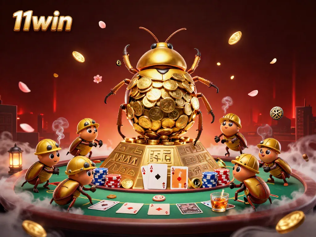 Experience excitement at 11win with a golden beetle rolling coins in a vibrant casino scene.