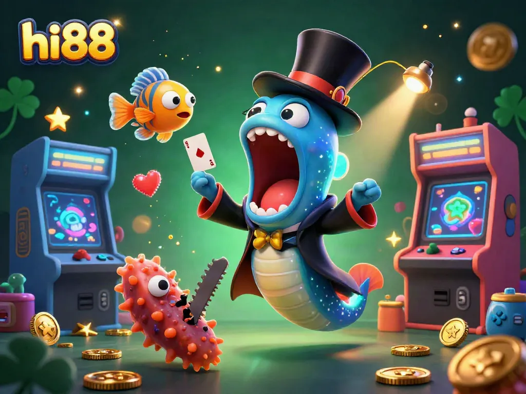 hi88 showcases a magical casino scene with vibrant 3D characters performing extraordinary tricks.