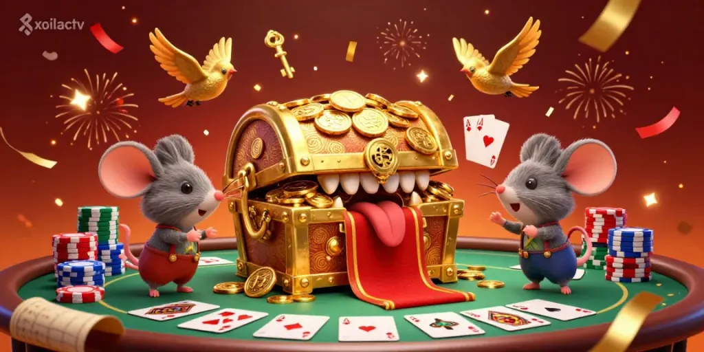 Xoilactv showcases a cartoon treasure chest and mice, epitomizing excitement in a vibrant gambling adventure.