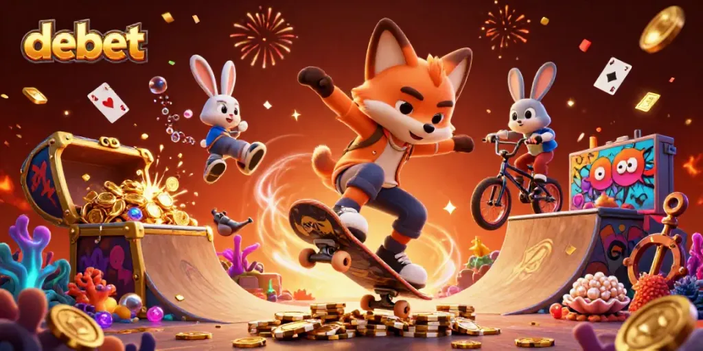 Experience the excitement of debet with a vibrant 3D illustration of gaming characters amidst casino symbols and festive elements.