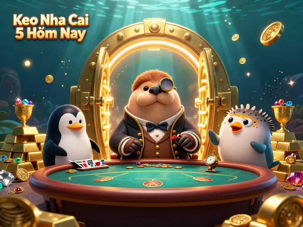 Play poker with Keo Nha Cai 5 Hôm Nay's charming walrus character amidst jewels and riches