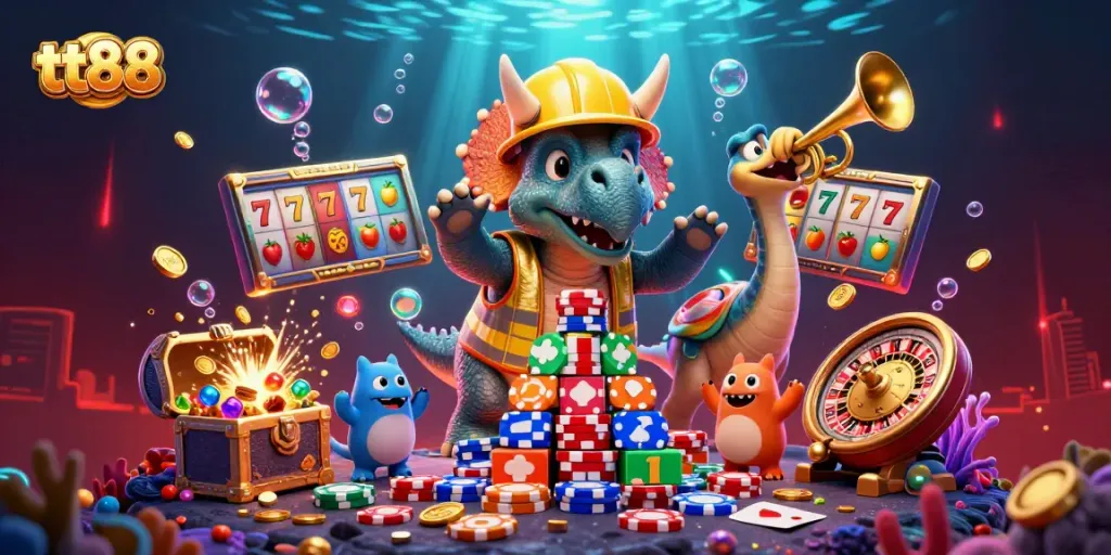 Engage with tt88's exciting casino experience through a vibrant illustration of a triceratops building poker chip pyramids.