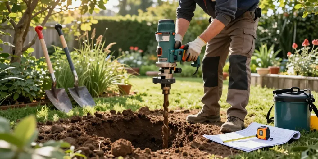 Brunnenbohrung im Garten mit einem Fachmann, der eine Bohrmaschine verwendet, um Wasser zu finden.