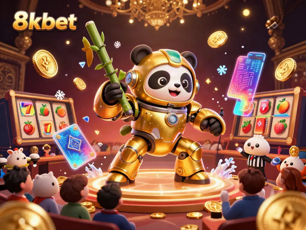 Experience thrilling gambling action with 8kbet featuring a golden panda and bamboo robot in a lively casino arena.