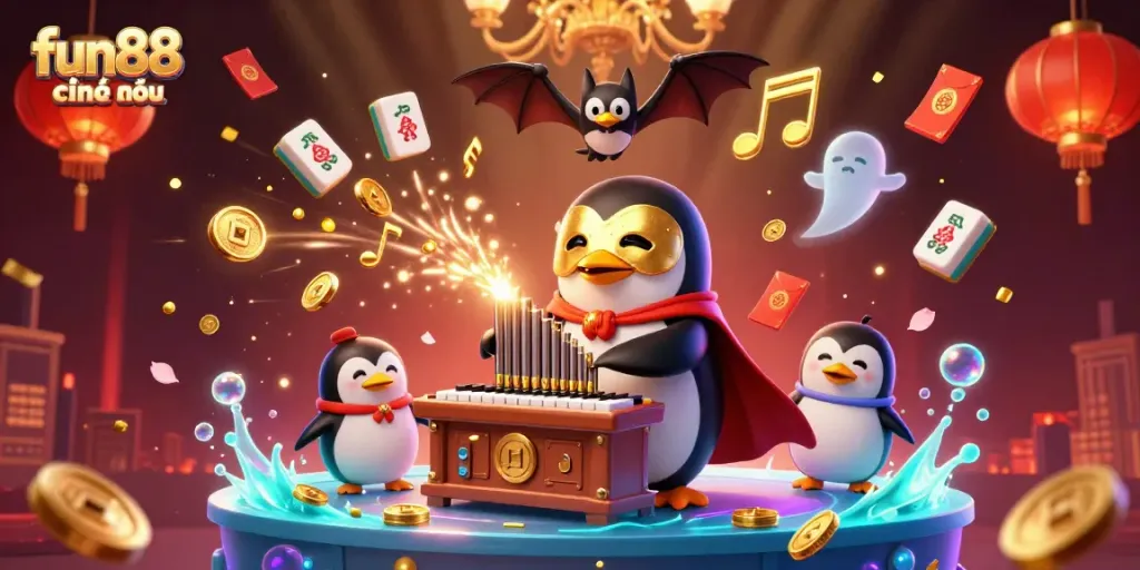 Experience fun88 chính thức with a 3D illustration of a casino scene featuring a penguin and bat acrobat.