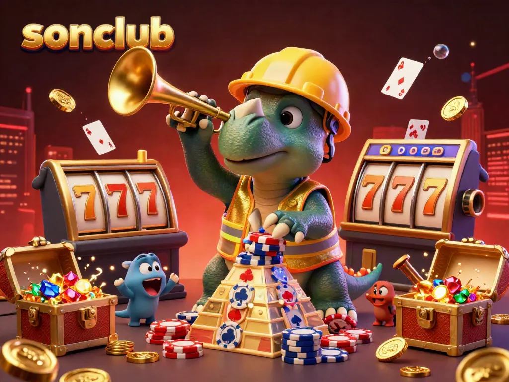 Experience the excitement at sonclub with a vibrant 3D scene of a triceratops building poker chip towers and slot games.