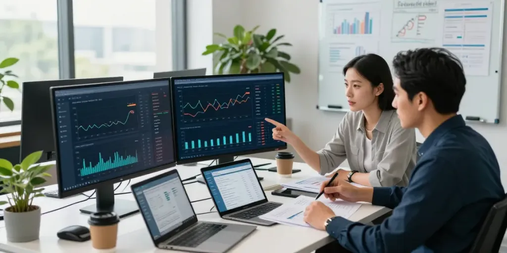 Equipo financiero analizando métricas de netcash en oficina moderna.