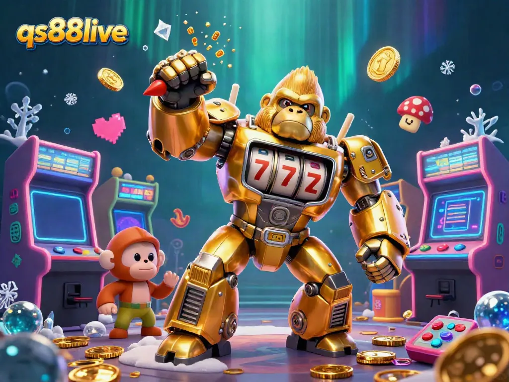 Experience thrilling gameplay with qs88live's vibrant 3D casino illustration showcasing a golden gorilla mech.