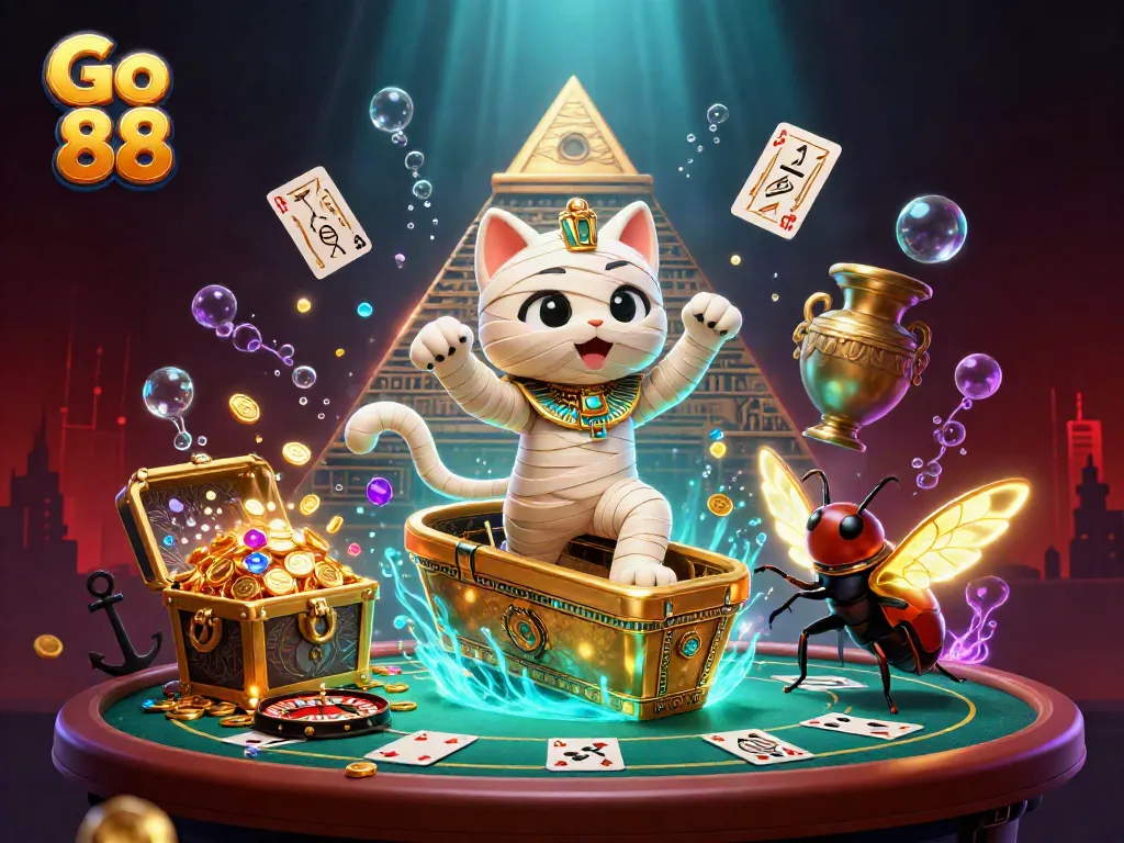 Engage with Go 88 in a vibrant casino scene bursting with energy and treasures.