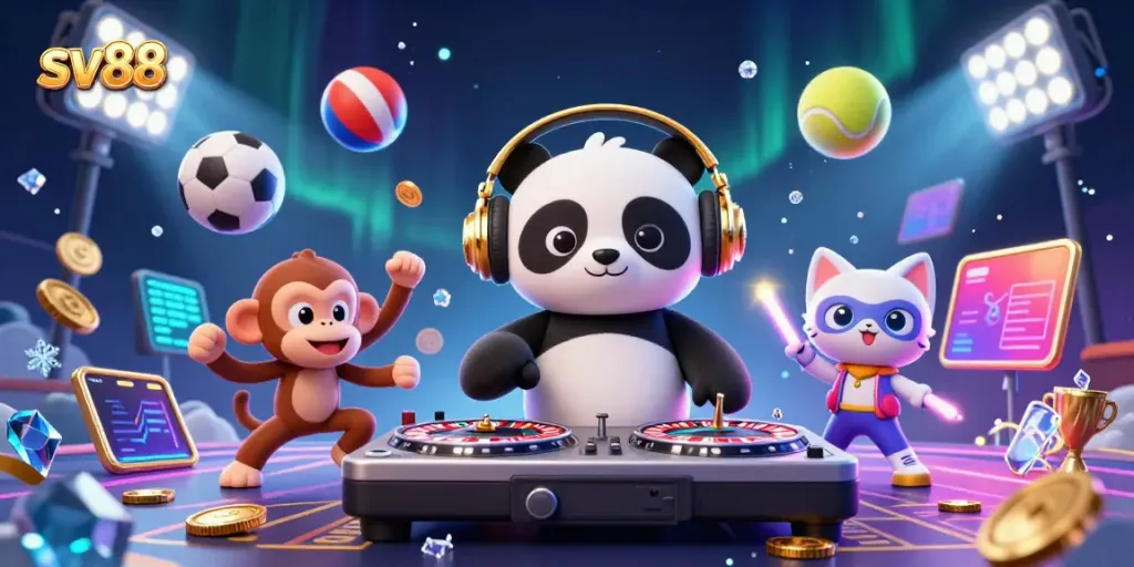 Players enjoy sv88's vibrant casino experience featuring cartoon characters and exciting gaming elements.