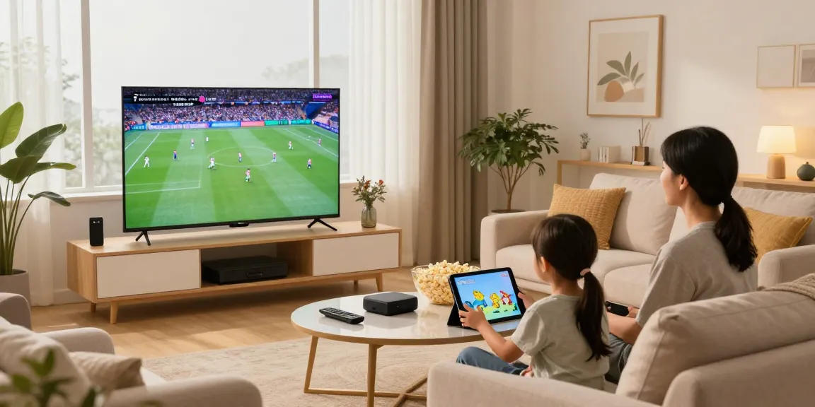 IPTV kaufen: Familie genießt flexibles Fernsehen in 4K UHD im modernen Wohnbereich