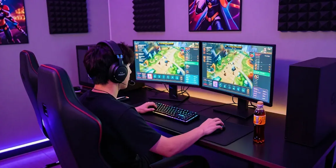 Gamer engaged with rokok88 on dual monitors in a vibrant gaming setup