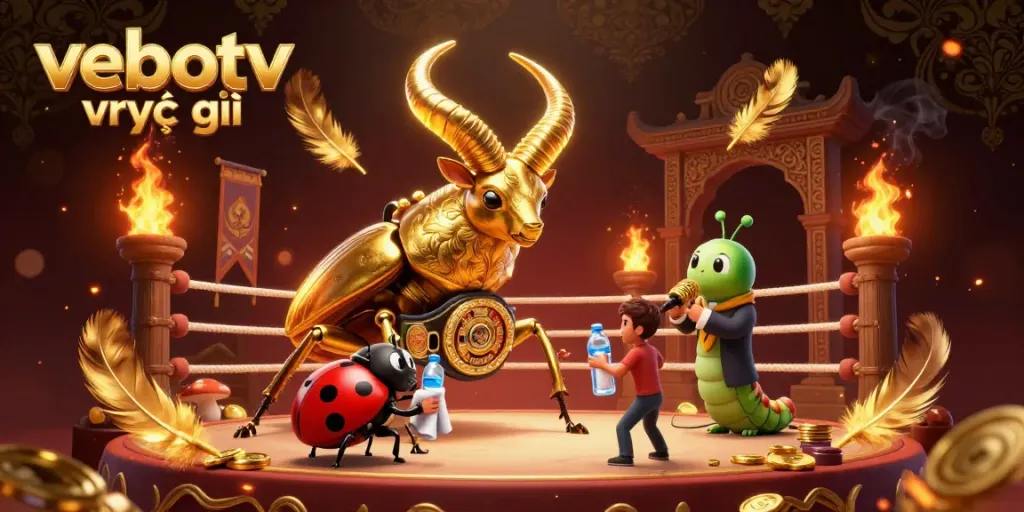 Experience vebotv trực tiếp with a vibrant illustration of a giant beetle boxing champion in a dynamic betting arena.