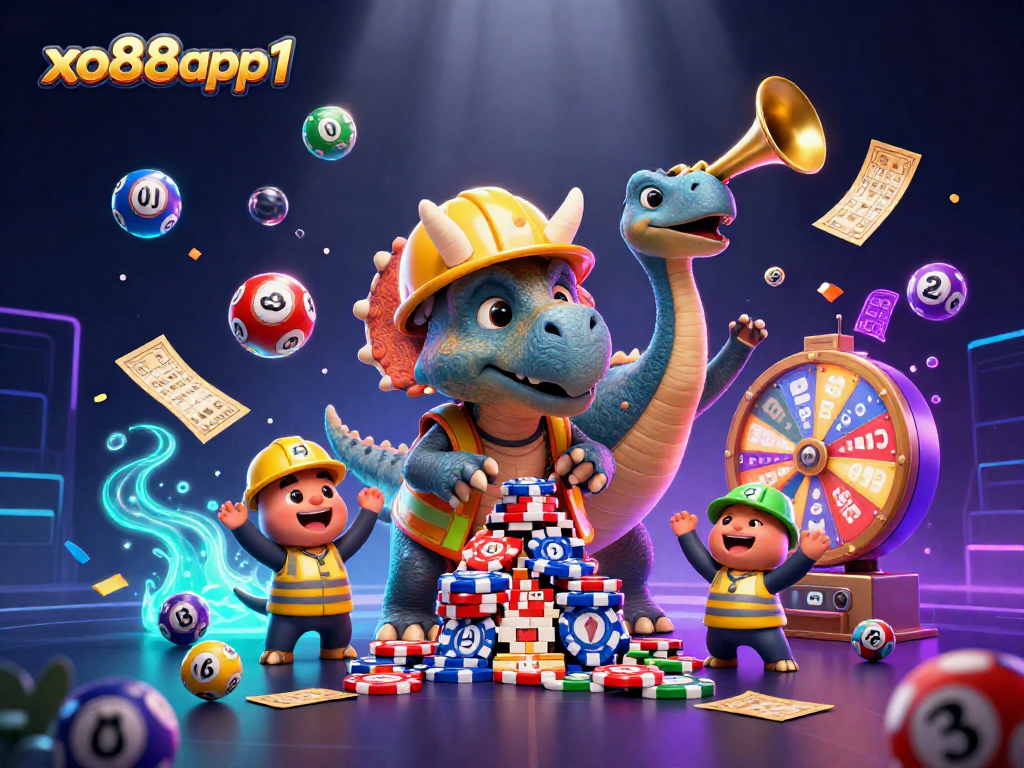 Experience vibrant gaming excitement with xo88app1's lively scene of animated dinosaurs at a casino celebration.