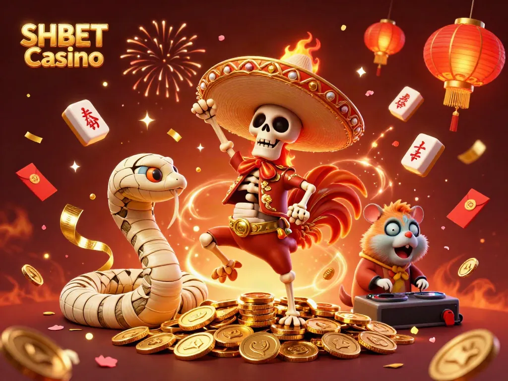 Experience the fun of SHBET Casino with a vibrant illustration of victory from a dancing rooster surrounded by gold.