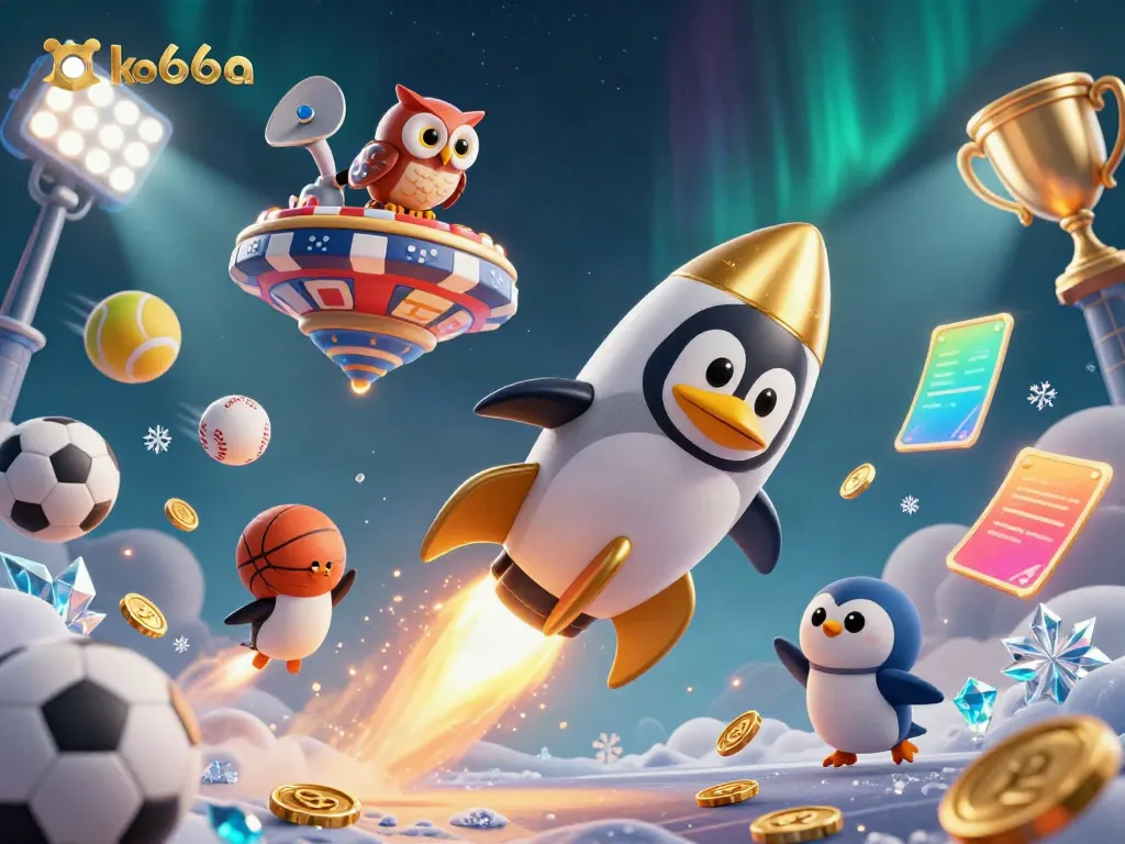 Experience the thrilling world of ko66a with a golden penguin rocket and sports elements in this vibrant casino-themed illustration.