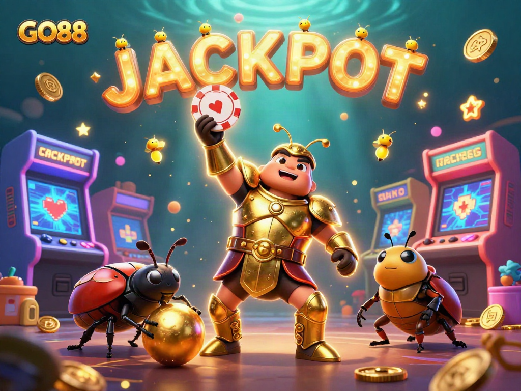 Experience GO88's thrilling adventure in this colorful 3D casino scene with vibrant gaming elements and dynamic characters.