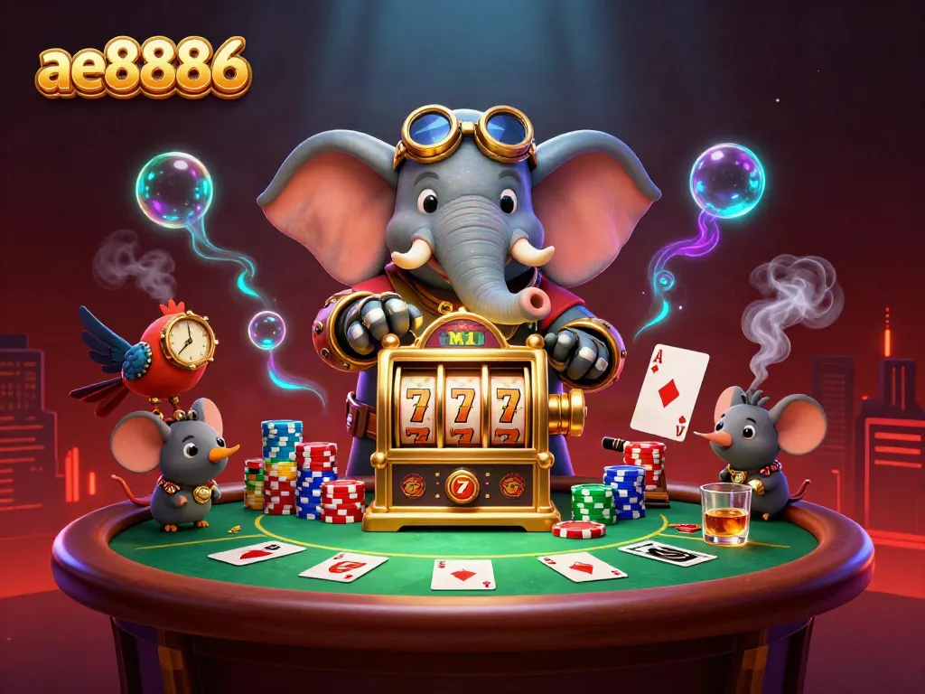 Spin and win big with ae8886 at the exciting steampunk slot machine in a vibrant casino scene.