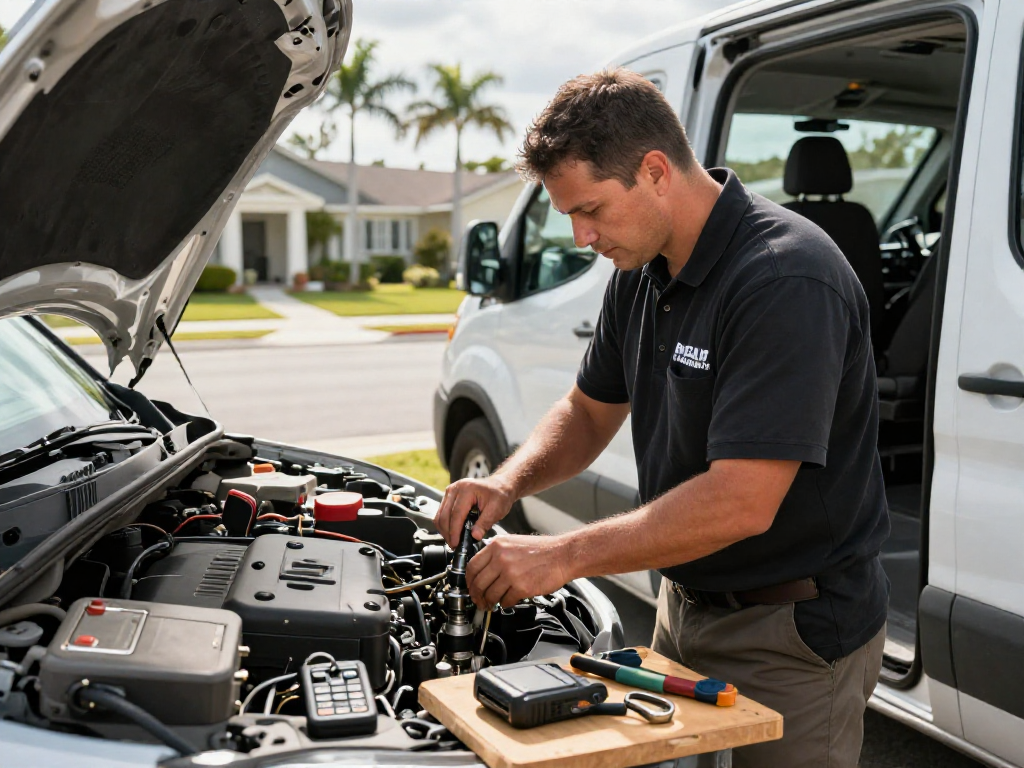 Locksmith St. Lucie West assisting with car ignition repair in a sunny neighborhood.