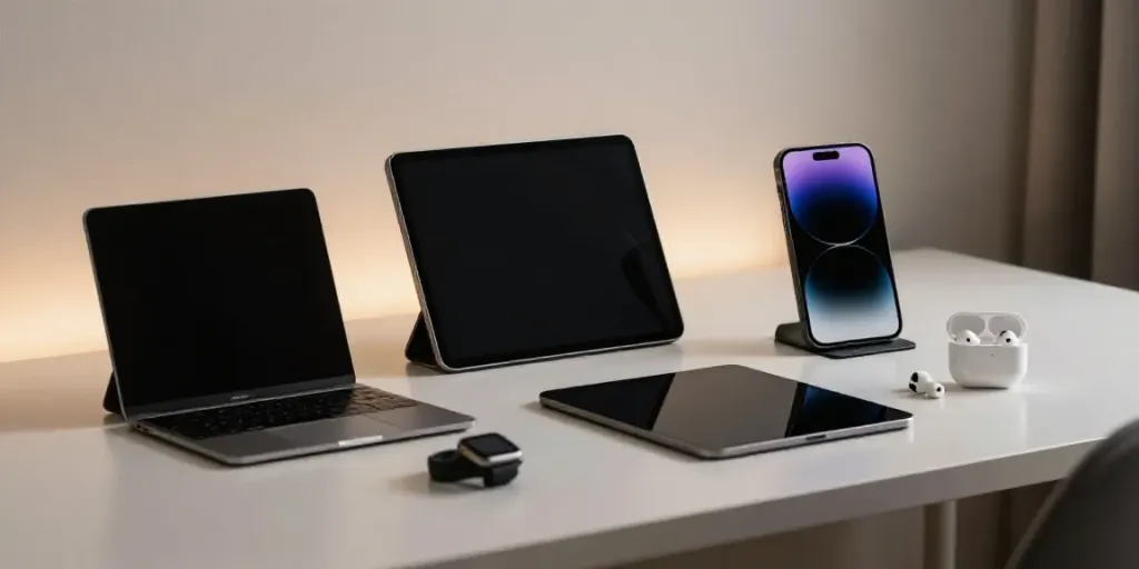 Innovative Gadgets wie Smartphone und Smartwatch in modernem Arbeitsbereich.
