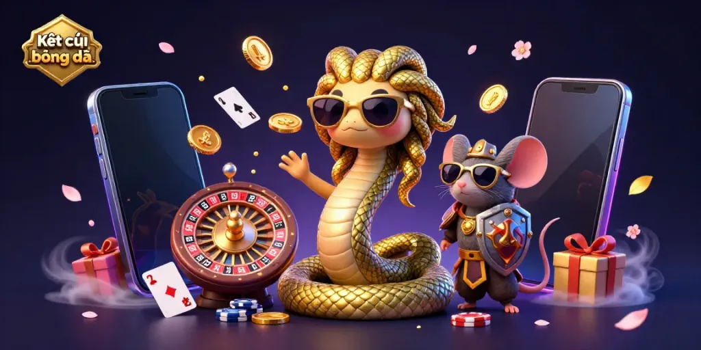 Kết quả bóng đá illustrated with Medusa and a warrior mouse amid slot games and casino elements.