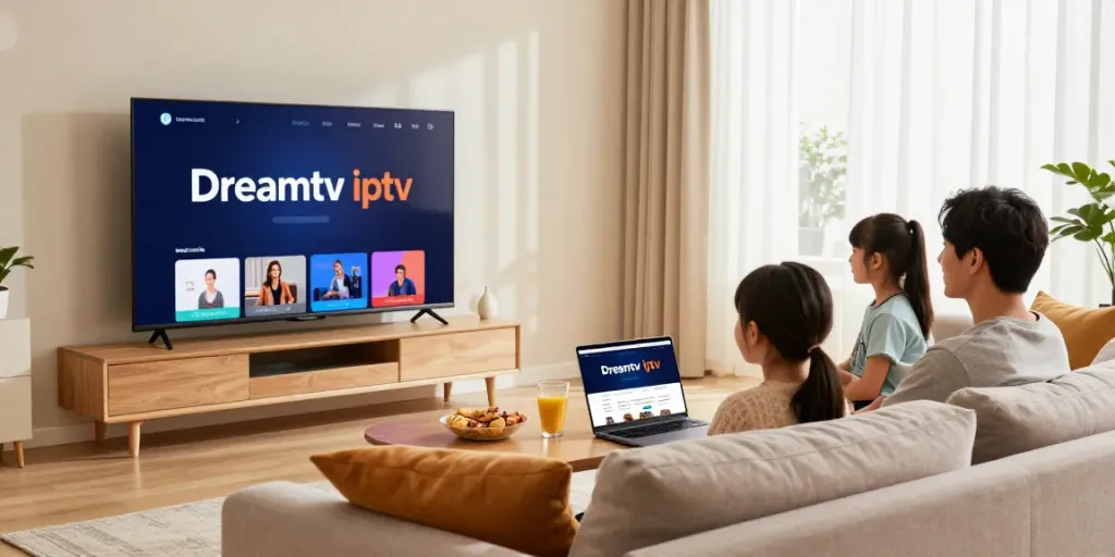 Familie genießt Dreamtv IPTV mit Smart TV im Wohnzimmer.