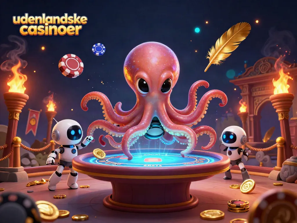 Engaging scene of udenlandske casinoer with alien octopus and robot at a holographic poker table.