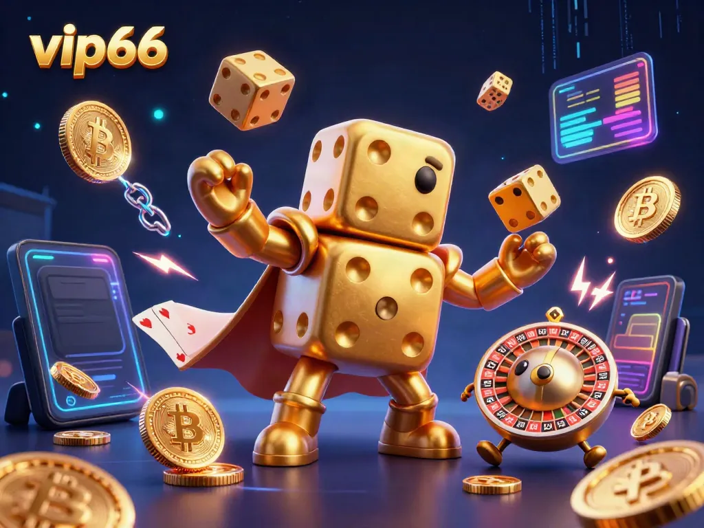 Engage with exciting gameplay at vip66 as a golden dice golem juggles casino elements.