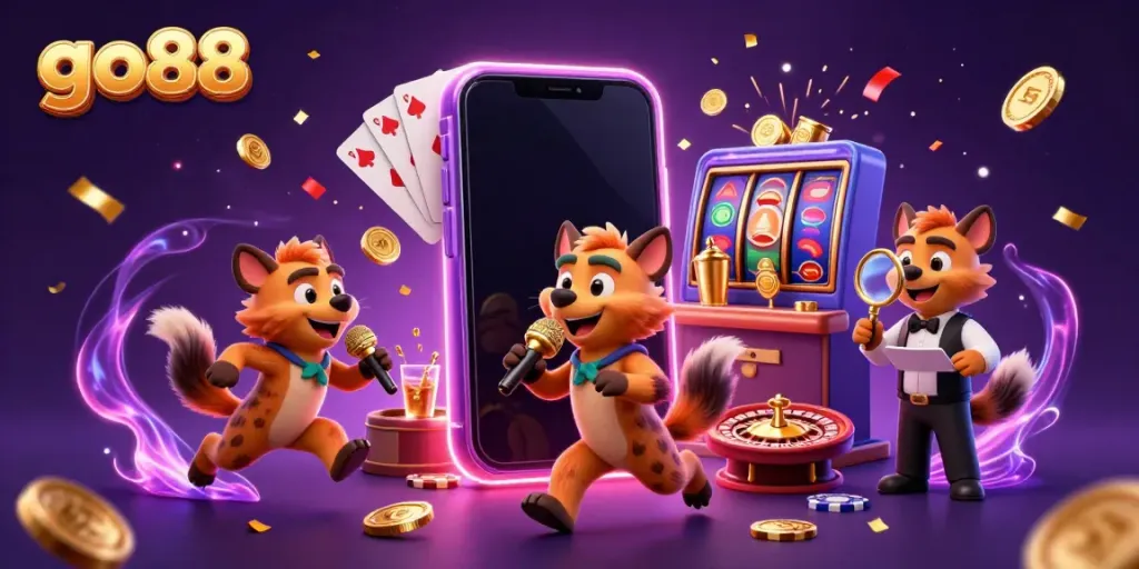 A vibrant casino scene featuring go88 hyenas in a comedic casino club, engaging in gaming and entertainment.
