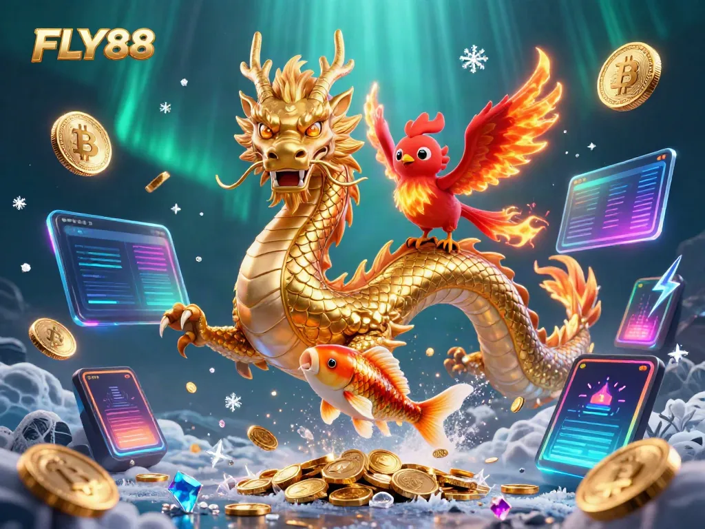 Engage in thrilling gameplay with FLY88, featuring a powerful dragon and vibrant casino elements.