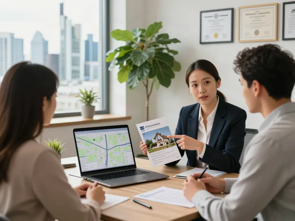 Bester Immobilienmakler Frankfurt berät ein Paar beim Kauf eines Hauses in modernem Büro.