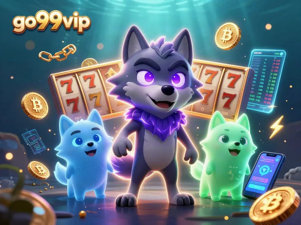 Engage with go99vip at an ultra-detailed 3D casino illustration showcasing wolves, crypto elements, and slot games.