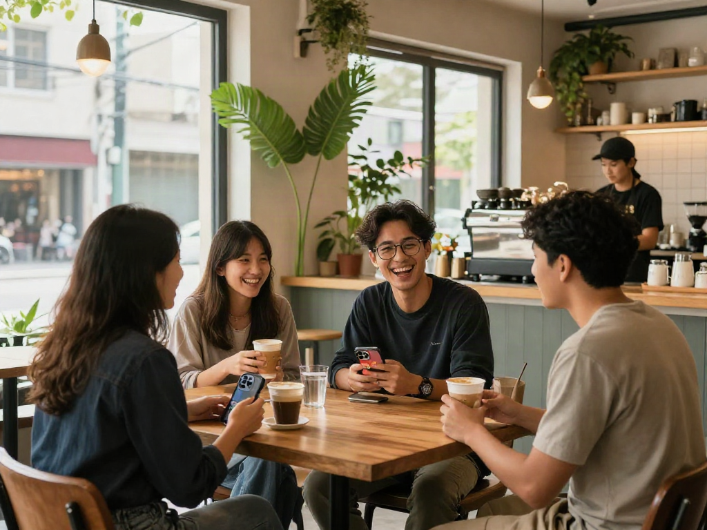 Group of friends enjoying coffee at a café with rokok88 branding in a lively setting