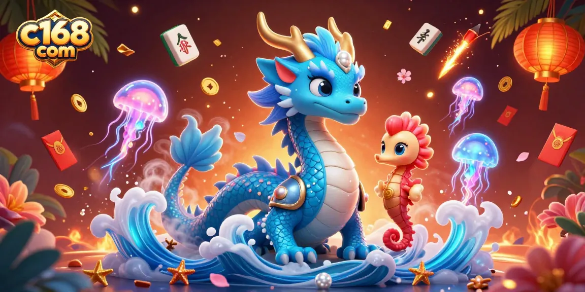 Experience exciting games at c168 com, featuring a vibrant dragon and colorful casino elements.