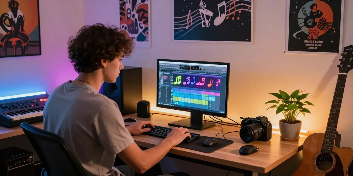 Ein junger Musiker nutzt KI-Musik Tools im kreativen Studio zur Musikproduktion.