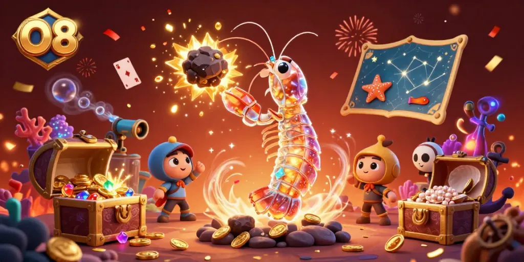 O8 casino's vibrantly illustrated galactic samurai mantis shrimp triumphantly punches through an exploding asteroid showering gems, embodying adventure and excitement.