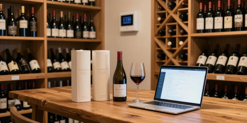 Weinkeller App in stilvollem Weinkeller, Person prüft Weinbestände.