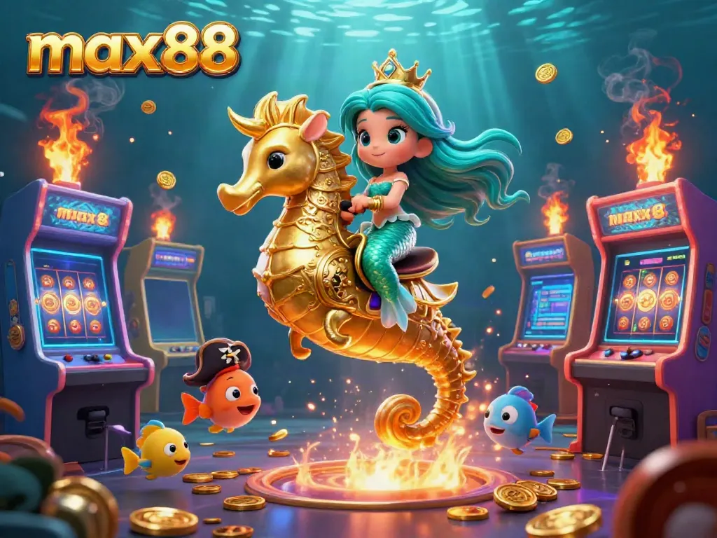 Engage in a fantastical underwater world showcasing max88 with a mermaid princess and giant seahorse amidst vibrant casino elements.